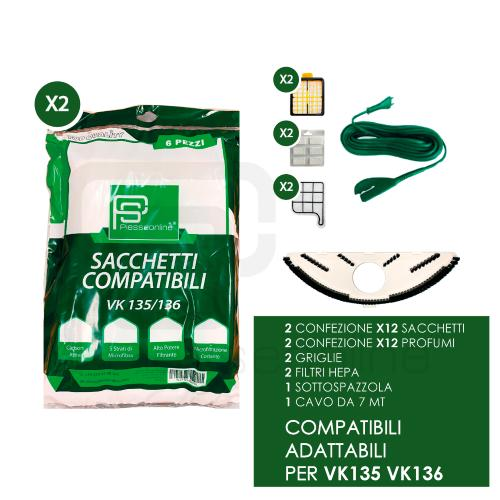 PIESSEONLINE - KIT135/136CSFX2 - KIT COMPATIBILE FOLLETTO VK135/136: 12  sacchetti, 12 profumi, 2 griglie, 2 filtro hepa, 1 cavo, 1 setola -  PIESSEONLINE